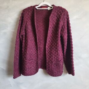 Harrington Square Plum Wool Blend Chunky Knit Open Cardigan Size M